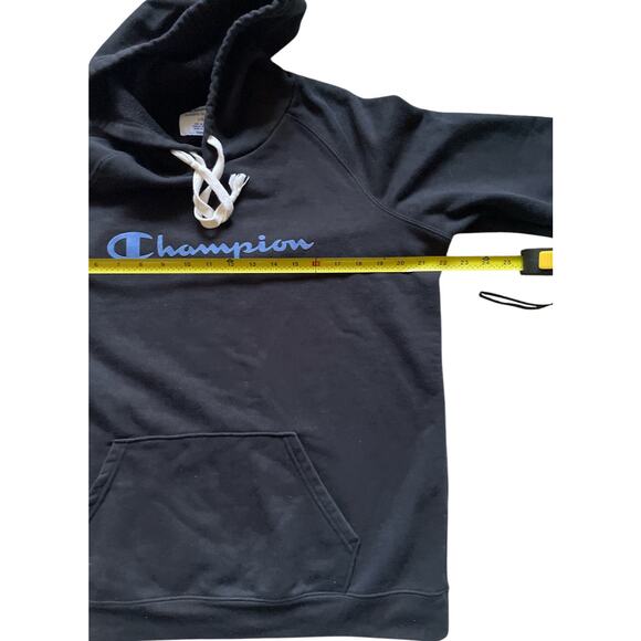 Champion Black Unisex Sweatshirt Hoodie Size Large Retro Comfy Blue Logo - Picture 4 of 7